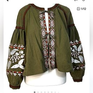 Anthro RD & Koko Boho Olive Green orange/white Embroidered tie front shacket S/M